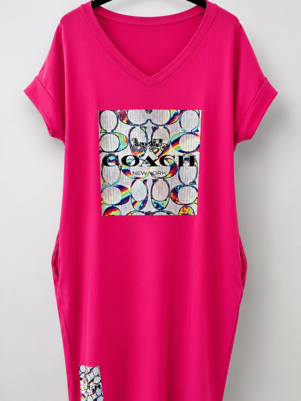 Hot Pink V-Neck Logo Tunic Dress with Pockets